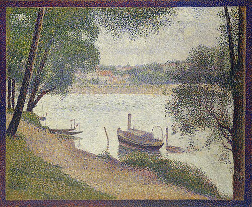 Georges Seurat, Gray Weather, Grande Jatte (1888, 71 × 66 cm, oil on canvas, Metropolitan Museum of Art). In a similar manner to the van Ruisdael piece, the tree that takes up the entire right edge of this work is an example of repoussoir.[3]