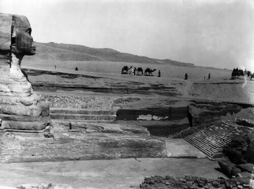 Side view of the Sphinx with the Roman stairway on the right, c. 1930