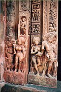Females statues wearing drapes are depicted at Dashavatara Temple.
