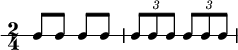 \new RhythmicStaff {
\clef percussion
\time 2/4
\set Score.tempoHideNote = ##t \tempo 4 = 100
c8 c c c
\tuplet 3/2 { c8 c c } \tuplet 3/2 { c8 c c }
}
