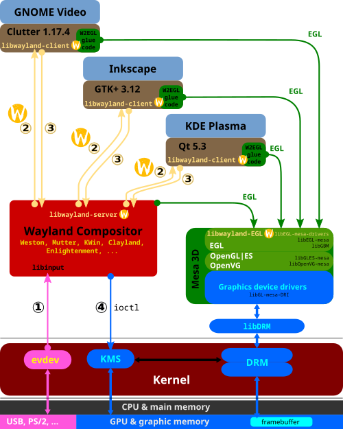 The evdev module of the Linux kernel gets an event and sends it to the Wayland compositor. The Wayland compositor looks through its scenegraph to determine which window should receive the event. The scenegraph corresponds to what is on screen and the Wayland compositor understands the transformations that it may have applied to the elements in the scenegraph. Thus, the Wayland compositor can pick the right window and transform the screen coordinates to window local coordinates, by applying the inverse transformations. The types of transformation that can be applied to a window are only restricted to what the compositor can do, as long as it can compute the inverse transformation for the input events. As in the X case, when the client receives the event, it updates the UI in response. But in the Wayland case, the rendering happens by the client via EGL, and the client just sends a request to the compositor to indicate the region that was updated. The Wayland compositor collects damage requests from its clients and then re-composites the screen. The compositor can then directly issue an ioctl to schedule a pageflip with KMS.