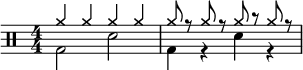 \version "2.16.2"
\header { tagline = ##f}
\score {
  <<
    \drums \with {midiInstrument = "drums"} \with { \numericTimeSignature } {
      \repeat volta 1 {
     <<{cymra4 cymra cymra cymra}\\{bd2 sne2}>>
      <<{cymra8 r cymra r cymra r cymra r}\\{bd4 r sne4 r}>>\break
 

    }}
>>
\layout {indent=0}

\midi { \tempo 4 = 100 }


}