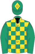 Emerald green and yellow check, emerald green sleeves, yellow diamond on cap