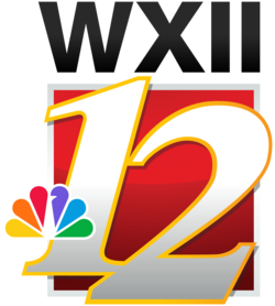 The letters WXII in black above a red box sitting under a white serif numeral 12, the 1 above and to the left of the 2, trimmed in gold, with the NBC peacock added on the left side