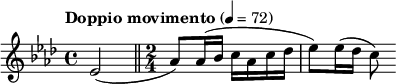 \relative c' { \set Staff.midiInstrument = "clarinet" \clef treble \transposition bes \key aes \major \time 4/4 \tempo "Doppio movimento" 4 = 72 \partial 2*1 ees2( \bar "||" \time 2/4 aes8) aes16( bes c aes c des | ees8) ees16( des c8) }