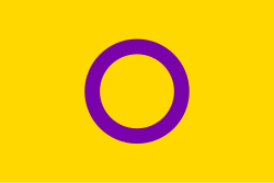 A yellow background with a purple circle in the middle, representing intersex people.