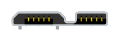A USB 3.0 Micro‑B plug: a wide, flat metal shell, 12 by 2 millimeters, in two sections with latch springs protruding from the bottom side. It is distinct from the USB 3.0 Micro‑A plug only in that the edges of the wider section are chamfered on the upper side and that there may a raised "B" on the top of the plug body.