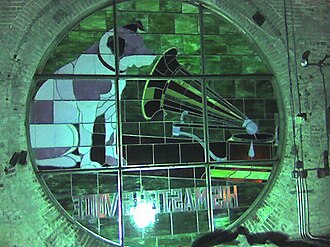 One of 4 Nipper stained glass windows seen from inside the "Nipper Tower" in the old RCA Victor Building 17[79]