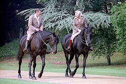 Queen Elizabeth II wearing a headscarf with Ronald Reagan, 1982