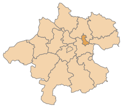 The city’s territory, highlighted on a map of Upper Austria, with the borders of the surrounding districts visible