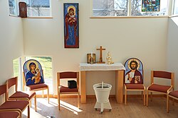 A thurible sits atop the altar of the Lady Chapel of Norrtälje Evangelical-Lutheran Church in Sweden