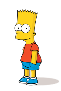 A cartoon image of a yellow boy with yellow, spiky hair, wearing a red T-shirt, blue shorts, and blue shoes.
