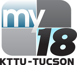 A rounded rectangle divided into blue and gray parts with the word "my" in white and a black italicized "18" in the lower right. Underneath is the text "KTTU - TUCSON".