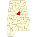 Shelby County, Alabama (marked red) where the species is known from the Cahaba River.