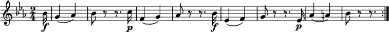 
\relative bes' {
  \key es \major \time 2/4
  \partial 16 bes16 \f
  g4( as) | bes8 r r8. c16 \p
  f,4( g) | as8 r r8. bes16 \f
  es,4( f) | g8 r r8. es16 \p
  as4( a) | bes8 r r8. \bar ":|."
}

