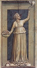 Giotto's allegory of charity handing her heart to Jesus Christ (c. 1305)