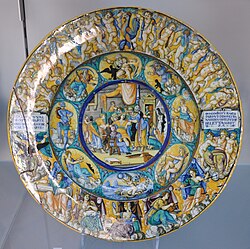 Maiolica dish with a childbirth scene, Urbino, 1546