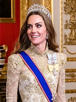 A photograph of a young woman with long brown hair. She is wearing a tiara and a blue sash over a gold-colored dress, and also has medals pinned on her left chest.