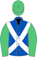Royal blue, white cross belts, emerald green sleeves and cap