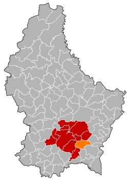 Map of Luxembourg with Contern highlighted in orange, and the canton in dark red