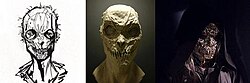 Three images showing featuring the killer wearing a mask in: a drawing (left), mold (center) and final film design (right). The mask covers the entire face and has huge teeth where the mouth is. In the final film, the killer also wears a black hoodie.