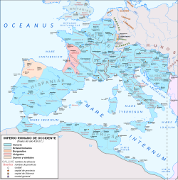 The Western Roman Empire in AD 418, following the abandonment of Britannia and the settlement of the Visigoths, Burgundians, and Suebi within imperial territory as foederati