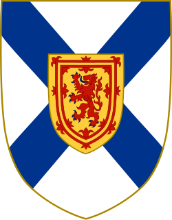 Arms of Nova Scotia: Argent, a Saltire Azure an inescutcheon of the Royal Arms of Scotland, as used by baronets of Nova Scotia as a heraldic badge