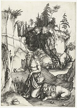 Jerome Penitent in the Wilderness, engraving, Albrecht Dürer 1494–1498