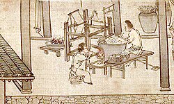 The cocoons are boiled and the silk is wound on spools.