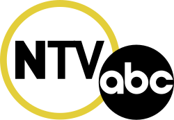 In a large white circle with a yellow border, the letters N T V, with the N in bold. The ABC network logo, a black disk with the letters a b c, overlaps it on the lower right.