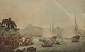 One of the most famous reproductions of 'Death of Captain Cook' by John Cleveley the Younger, Aquatint Francis Jukes. It depicts Cook as a peacemaker