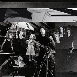 Eight of the members of iNsuRge that played with the band for majority of the band's duration From left to right: Paul Bianco, Matt Richmond, Mattieu Macroth, Monique Wakelin, Chris Dubrow, Darryl Sims, Sean Burnett and Mark Avery