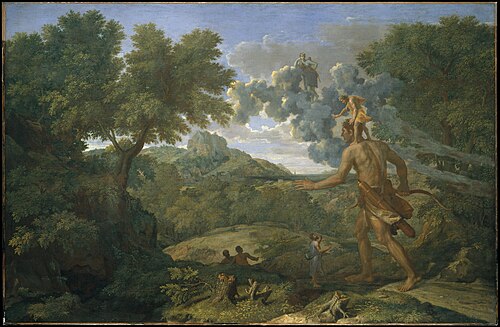 Nicolas Poussin (1658) "Landscape with blind Orion seeking the sun". Metropolitan Museum of Arts, Manhattan, New York.