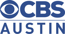 In blue, the CBS eye and the letters C B S above a line and the word Austin in a sans serif.