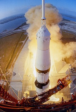 The launch of Apollo 6 viewed from the top of the LC-39A launch tower (1968)