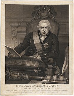 This 1812 print depicts Banks as president of the Royal Society, wearing the insignia of the Order of the Bath.