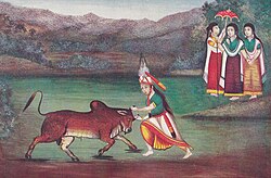The hero of Meitei mythology, Khuman Khamba, capturing the bull Kao