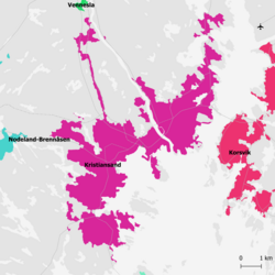 Map of Korsvik (in red) and the city of Kristiansand (in purple)