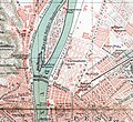 Margaret Island in 1890: the bridge was not connected to the island; future Újlipótváros streets shown on map