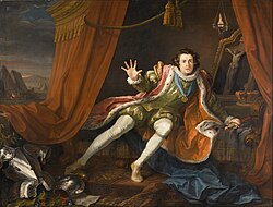 A young actor—wearing a red ermine-edged gown over a green doublet and stuffed hose, with white stockings, and a gold medallion hanging from a blue ribbon about his ruffed neck—falls melodramatically on to the couch in a tent of red curtains with gold tassels. Inside, in the background, hangs a lamp illuminating a painting of the crucifixion; in front, a blue silk drape has fallen to the floor. His discarded armour lies to his right (the viewer's left), above which mountains behind the tent are visible in the distance.