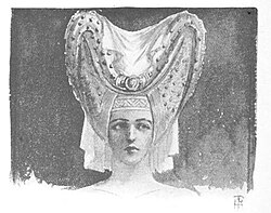 15th-century escoffion with jewelled velvet and lawn (1908 illustration)