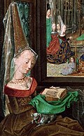 Mary of Burgundy at prayer wearing a tall hennin, 1470s.