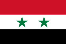 The flag of Ba'athist Syria, a horizontal tricolour of red, white, and black with two green stars in the white stripe.