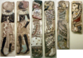 Ramesses III prisoner tiles: Inlay figures, faience and glass, of "the traditional enemies of Ancient Egypt" from Medinet Habu, at the Museum of Fine Arts, Boston. From left: 2 Nubians, Philistine, Amorite, Syrian, Hittite