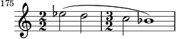 \relative c'' {
\set Score.tempoHideNote = ##t
\tempo 2 = 44
\set Score.currentBarNumber = #175
\bar ""
\set Staff.midiInstrument = #"flute"
\transposition g
\numericTimeSignature
\time 2/2 ees2( d2
\time 3/2 c2 bes1)
}