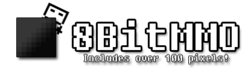 The logo for the MMO 8BitMMO, featuring a large black square on the left that has a black pixelated gradient on it, a player character peaking out from the top right corner of it, the text 8BitMMO on the right, and the tagline "Includes over 100 pixels!" underneath.