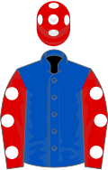 Royal blue, red sleeves, white spots, red cap, white spots