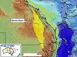 Map highlighting the Bowen Basin, which stretches north–south through parts of Queensland and a small part of New South Wales