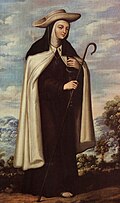 St. Teresa of Avila, wearing a Carmelite habit, carries a shepherd’s staff.