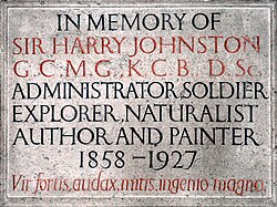 Sir Harry Johnston memorial plaque in the church at Poling, West Sussex